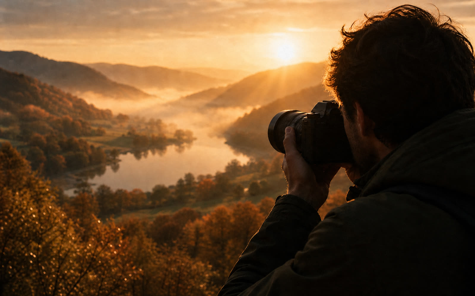 Pokročilý fotograf zachycuje podzimní krajinu